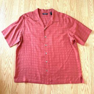 Brandini Fall Orange Silk Camp Shirt Mens Size XL Short Sleeve Textured Checks